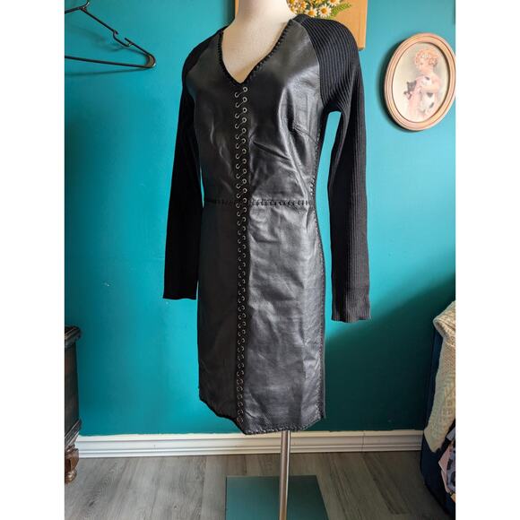 Vintage Dresses & Skirts - Women's vintage 90s leather lace up bodycon dress size medium large biker punk